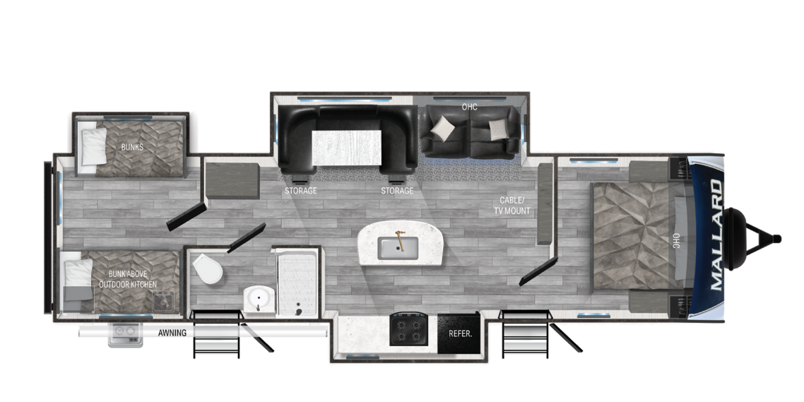 Heartland Mallard floorplan Floor plan of a modern recreational vehicle with multiple living areas and amenities.